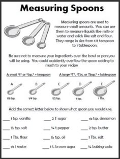 the measuring spoons worksheet is shown in black and white, with instructions on how to measure them