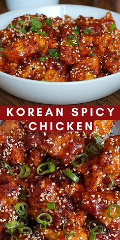 korean spicy chicken with sesame seeds in a white bowl