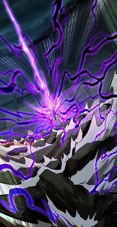 an animated scene with purple and black lines coming out of the center of the image