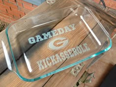 a glass tray sitting on top of a wooden table