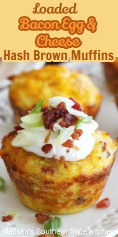 baked bacon egg and cheese hash browns muffins on a white plate with text overlay