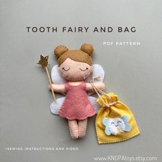 Set of 2 pdf pattern felt Tooth Fairy and tooth bag, sewing instruction and 3 video stitch that will help beginners learn to sew. Tooth Fairy 12cm - 5inch. Tooth Bag 8cm-3inch. Each toy is bright and funny, and I'm sure you can easily sew felt toys for yourself and your family. Toys can be a great gift for a birthday or any holiday. The digital step-by-step instructions are easy to understand and the pattern is simple enough for all skill levels! The tutorial is intended for hand-stitching - no Doll Plush Pattern, Sew Felt, Tooth Fairy Bag, Felt Sewing, Handmade Stuffed Toys, Plushie Patterns, Baby Sewing Projects, Funny Toys, Bag Sewing