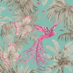 a wallpaper with pink and green flowers, palm trees, and a bird flying in the sky