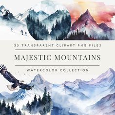 the majestic mountains watercolor collection is featured in this graphic art work with an eagle flying over them