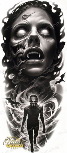 a black and white drawing of a woman's face with flames coming out of her mouth