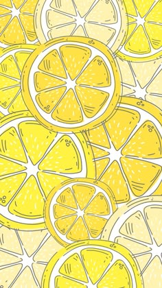 a drawing of lemons and oranges on a yellow background with white outline lines