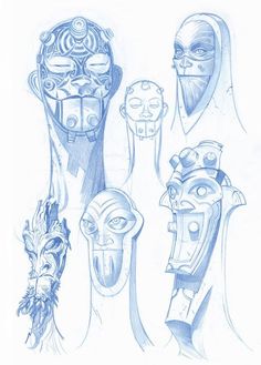 some drawings of different masks on a white paper