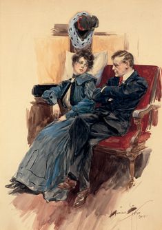 a painting of a man and woman sitting on a red chair