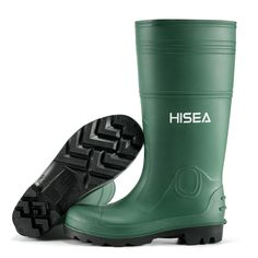 PRICES MAY VARY. 【100% Waterproof】HISEA men's rain boots are crafted by PVC and injection molded construction, providing seamless design that is not only up to 30% lighter but also completely waterproof. Whether you are working in wet environments or engaging in water-related activities, it always keep your feet dry and cozy. 【Comfortable and Supportive】These rain boots feature a scalloped top-line design to accommodate flexing in the calf area to reduce irritation. Folding guide along the shaft allows for customized height. The inclusion of a steel shank adds extra arch support, further enhancing both comfort and stability. 【Anti-Slip and Durable】Durable and self-clean outsoles equipped with an aggressive tread design that offers excellent traction, style and performance for outdoor activ Waterproof Green Boots For Rainy Season, Green Waterproof Boots For Rainy Season, Slip-resistant Boots For Rainy Season Outdoor Use, Green Insulated Boots For Outdoor Work, Insulated Green Boots For Outdoor Work, Durable Green Round Toe Boots, Green Outdoor Boots For Rainy Season, Green Boots For Outdoor Rainy Season, Green Boots For Rainy Outdoor Season