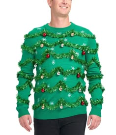 Haul out the holly, because it's time to tinsel the crap out of your holiday wardrobe. This men's gaudy garland ugly Christmas sweater is punctuated with baubles that shine and catch the candlelight in a nostalgic way that's almost enough to make your eyes tear up. Actually, this wonderfully tacky design will probably Ugly Christmas Sweater Diy Funny, Ugly Christmas Sweater Outfit, Diy Christmas Sweater, Christmas Sweater Outfits, Ugly Christmas Sweater Couples, Best Ugly Christmas Sweater, Diy Ugly Christmas Sweater, Tacky Christmas Sweater, Mens Ugly Christmas Sweater