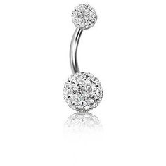 a silver belly ring with crystal stones on the top and an attached ball in the middle