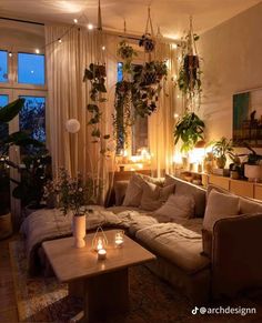 a living room filled with lots of furniture and plants hanging from the ceiling next to windows