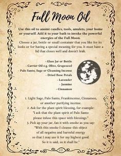 New Moon Oil Blend, Wiccan Oil Recipes, Diy Spell Oils, Full Moon Oil Recipe, Moon Water Spray Recipe, Anointing Oil Recipe Wicca, Goddess Oil Recipe, Pentagram Oil Recipe, Spell Oils Recipe