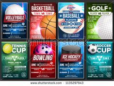 a set of sports flyers or brochures with balls and other items for the game