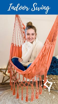 a woman sitting in a hammock with text overlay that reads, indoor swing