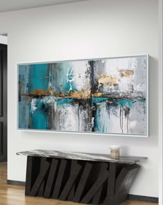 an abstract painting hangs on the wall above a console table