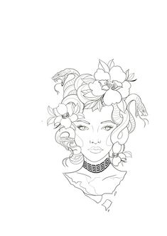 a black and white drawing of a woman with flowers in her hair