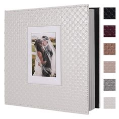 a wedding album with an image of a bride and groom on the cover, surrounded by color swatches