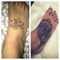 two pictures side by side one shows a woman's foot and the other has a tattoo on it