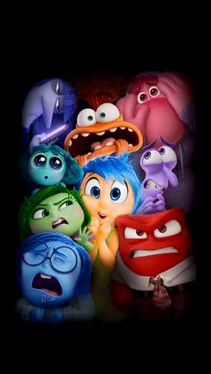 the characters from inside out in front of a black background with their mouths wide open