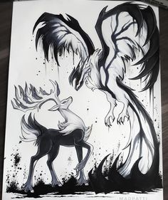 a drawing of two birds and a deer