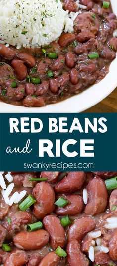 red beans and rice in a white bowl on a wooden table with text overlay