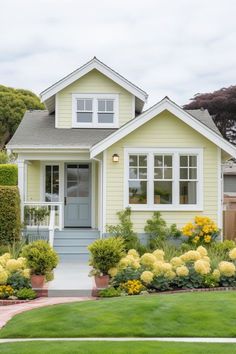 a house with yellow flowers in the front yard and green grass on the side walk