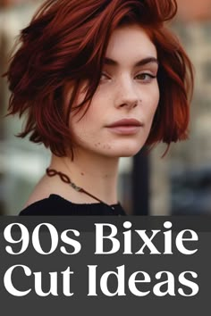 90s-inspired bixie haircut on a woman with red hair. Bookish Haircut, Long Pixel Haircut, Short Early 2000s Hair, 1960s Haircuts Women, Cute 90s Haircuts, Bixie 90s Haircut 2024, 90s Short Hair Pixie, Red Hair Bobs, 90s "bixie" Haircut Blonde