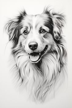 a black and white drawing of a dog's face