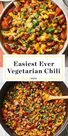 the best ever vegetarian chili recipe in a skillet with text overlay that reads, easy and tasty