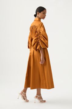 Utopia Drawstring Midi Dress | Chestnut Brown | Aje – Aje ROW Wide Sleeve Dress, Dress Shirt Collar, Midi Summer Dress, Belt With Gold Buckle, Drawstring Dress, Drawstring Dresses, Knit Jumpsuit, Denim Accessories, Cotton Midi Dress