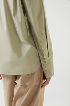 SCALLOPED-EDGED SHIRT - DUSTY LIGHT GREEN - COS Cos Outfit, Green Button Up Shirt, Cos Shirt, Silk Blouses, Denim Shirts, Shirt Detail, Shirts And Blouses, Arab Fashion