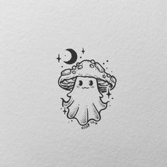 an ink drawing of a mushroom with a crescent on it's head