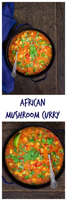 two pictures showing different types of food in the same pan and one with spoons