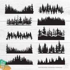 the silhouettes of pine trees and mountains are shown in black on white wood background