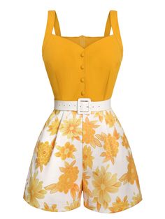 [Pre-Sale] Yellow 1950s Spaghetti Strap Floral Romper – Retro Stage - Chic Vintage Dresses and Accessories Cute Yellow Outfits Drawing, Classy Yellow Outfit, Puerto Rico Clothes, Retro Stage Outfits, 70s Inspo Outfits, Pastel Yellow Outfit, 1950s Summer Fashion, Black And Yellow Dress, 1960s Clothes