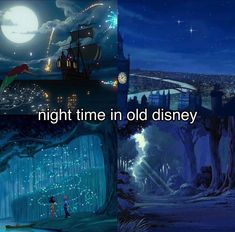 two pictures with the words night time in old disney