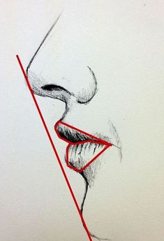 a pencil drawing of a woman's face with red lines in the mouth and lips