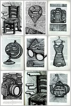 an open book with black and white drawings on it's pages, showing different types of objects