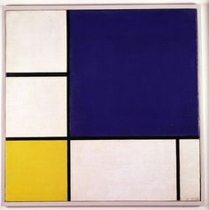 an abstract painting with blue, yellow and white squares