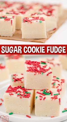 sugar cookie fudge on a plate with red and green sprinkles