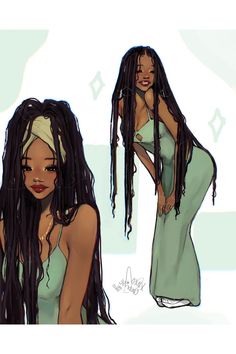 a drawing of a woman with long dreadlocks and a green dress, standing in front of a white background