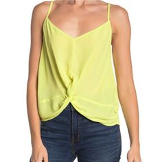 **Brand New, With Tags** Lush Knot Front Camisole Size: Small Color: Neon Like Spaghetti Straps 100% Polyester Woven Construction Approximately 23" Length Trendy Yellow Sleeveless Top, Yellow Camisole Top For Spring, Neon Yellow Beach Tops For Spring, Yellow Tank Camisole Casual Style, Yellow Spaghetti Strap Top For Beach, Trendy Yellow Tank Top For Vacation, Yellow Summer Camisole For Vacation, Yellow Cami Top For Vacation, Yellow Spaghetti Strap Tank Top For Vacation