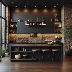 an open kitchen with brick walls and wooden floors, surrounded by potted plants on the counter