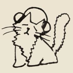 a drawing of a cat with headphones on it's ears and tail, wearing a hat