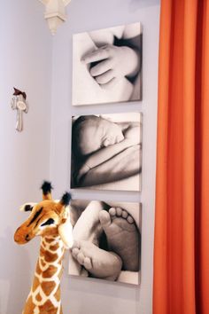 a giraffe standing in front of three pictures on the wall next to a baby's feet