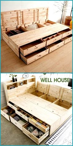 the bed is made out of wood and has drawers on each side, with an open drawer underneath it