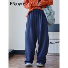 $36.36 50％ Off | ENjoyce 2023 Autumn Women Sports Wide Leg Navy Blue Sweatpants High Street Ladies Drawstring Elastic Waist Straight Pants Blue Sweatpants, Straight Pants, Elastic Waist, Navy Blue, Elastic