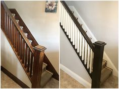 two pictures of stairs and railings in a house