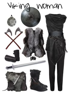 a woman is dressed in black and has viking accessories